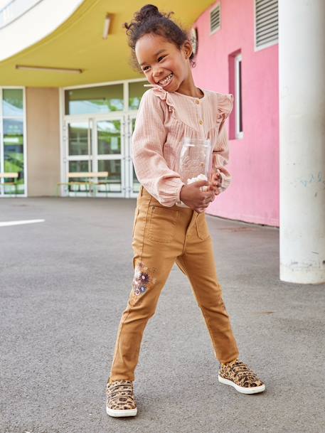 Pantalón slim bordado de flores con talle alto, niña MARRON CLARO LISO CON MOTIVOS 