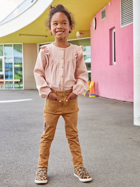 Pantalón slim bordado de flores con talle alto, niña MARRON CLARO LISO CON MOTIVOS 