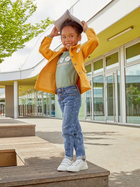 Chaqueta estilo worker de pana con emblema de flor irisada, para niña AMARILLO MEDIO LISO CON MOTIVO 