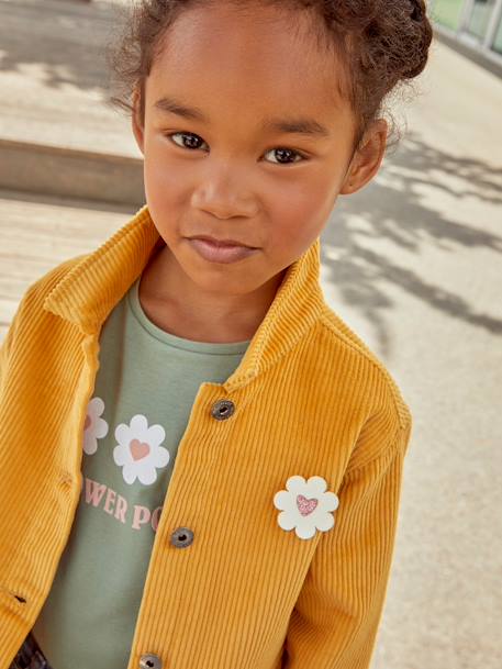 Chaqueta estilo worker de pana con emblema de flor irisada, para niña AMARILLO MEDIO LISO CON MOTIVO 