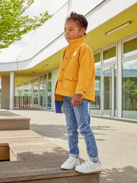 Chaqueta estilo worker de pana con emblema de flor irisada, para niña AMARILLO MEDIO LISO CON MOTIVO 