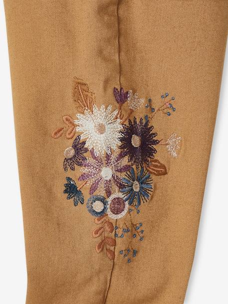 Pantalón slim bordado de flores con talle alto, niña MARRON CLARO LISO CON MOTIVOS 