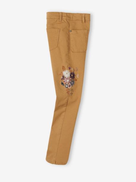 Pantalón slim bordado de flores con talle alto, niña MARRON CLARO LISO CON MOTIVOS 