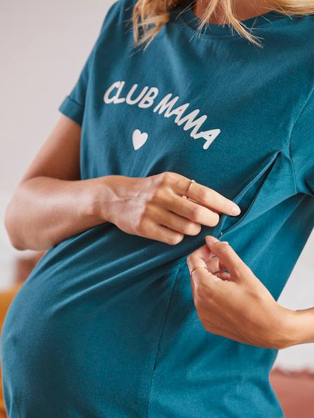 Camisón para embarazo y lactancia de algodón orgánico VERDE OSCURO LISO 