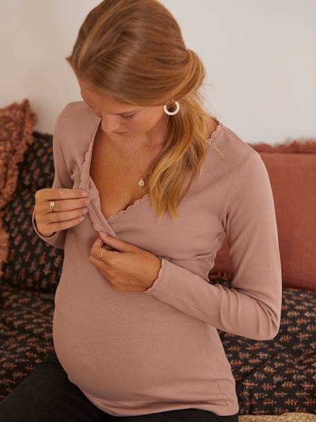 Camiseta con cuello de pico cruzado para embarazo y lactancia GRIS OSCURO LISO+ROSA CLARO LISO 