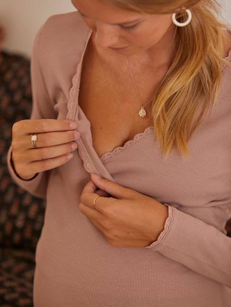 Camiseta con cuello de pico cruzado para embarazo y lactancia GRIS OSCURO LISO+ROSA CLARO LISO 