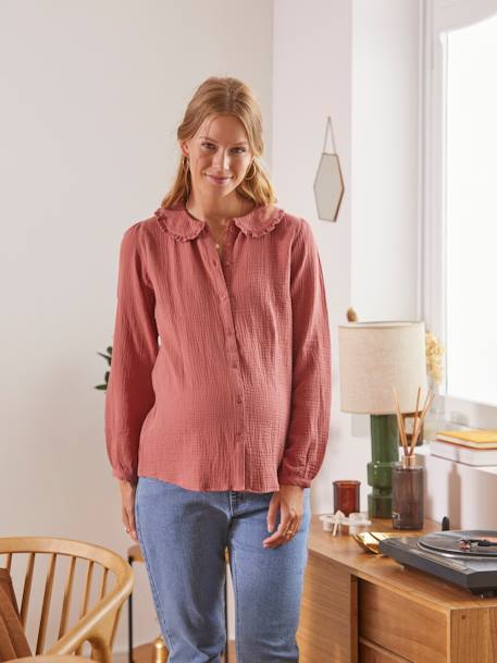 Camisa de gasa de algodón para embarazo y lactancia ROJO OSCURO LISO 