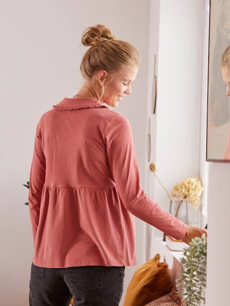 Camiseta blusa con cuello con volante para embarazo y lactancia ROSA OSCURO LISO 