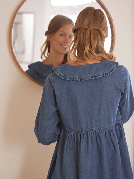 Vestido de denim con cuello Peter Pan y volante para embarazo y lactancia AZUL OSCURO A RAYAS 