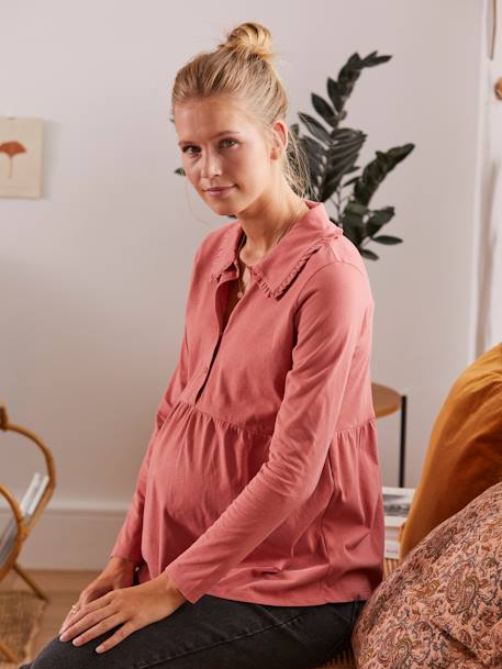 Camiseta blusa con cuello con volante para embarazo y lactancia ROSA OSCURO LISO 