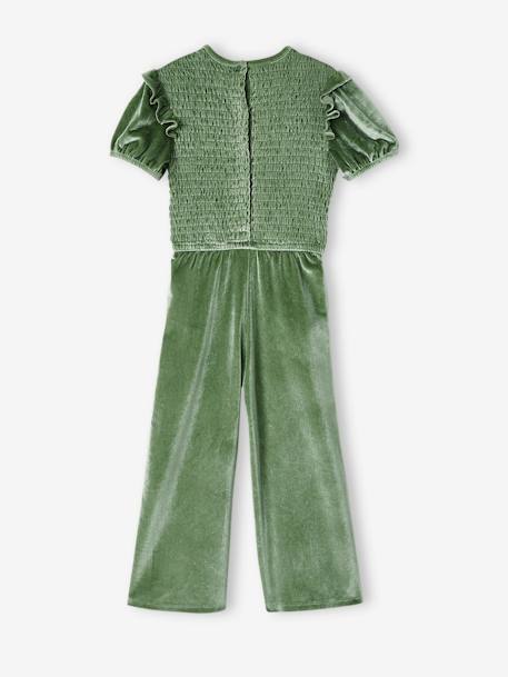 Mono con smocks de terciopelo brillante para niña verde sauce 