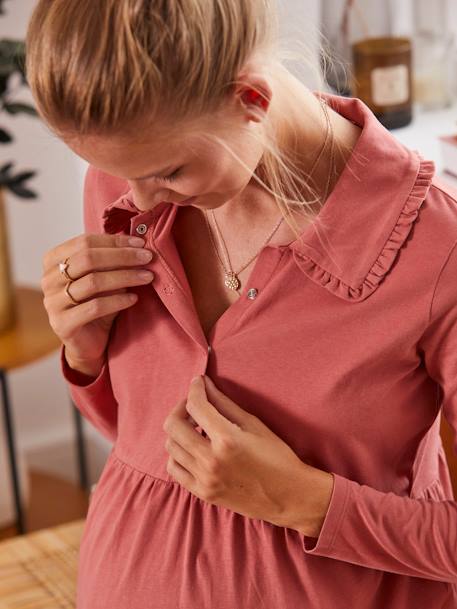 Camiseta blusa con cuello con volante para embarazo y lactancia ROSA OSCURO LISO 