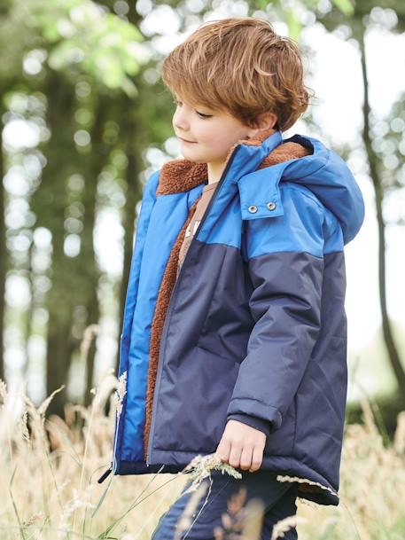 Parka técnica con capucha para niño AZUL FUERTE LISO CON MOTIVOS+MARRON MEDIO LISO CON MOTIVOS 