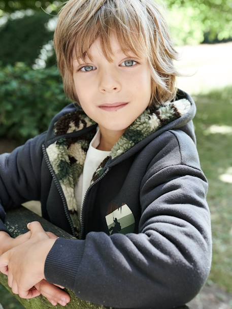 Sudadera con cremallera y forro sherpa de camuflaje para niño GRIS OSCURO LISO CON MOTIVOS 