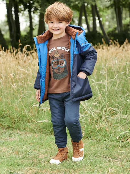 Parka técnica con capucha para niño AZUL FUERTE LISO CON MOTIVOS+MARRON MEDIO LISO CON MOTIVOS 