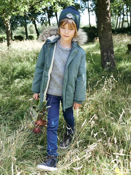 Parka con capucha y forro de sherpa, con relleno de poliéster reciclado, niño AZUL OSCURO LISO CON MOTIVOS+MARRON OSCURO LISO CON MOTIVOS+VERDE MEDIO LISO CON MOTIVOS 