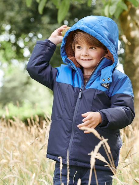 Parka técnica con capucha para niño AZUL FUERTE LISO CON MOTIVOS+MARRON MEDIO LISO CON MOTIVOS 