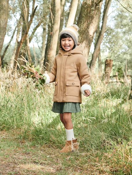 Abrigo con capucha de paño de lana y forro de sherpa, para niña BEIGE MEDIO LISO CON MOTIVOS+VERDE OSCURO LISO CON MOTIVOS 