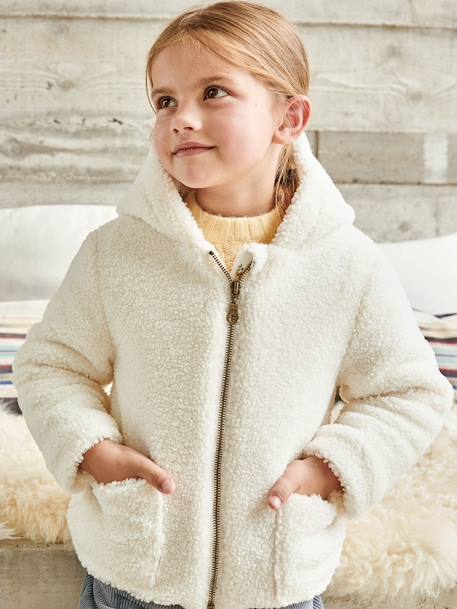 Chaqueta con capucha de sherpa, niña BLANCO CLARO LISO 