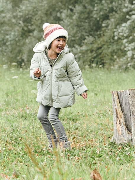 Chaqueta acolchada larga con capucha y forro de sherpa, niña AZUL OSCURO ESTAMPADO+VERDE MEDIO LISO 