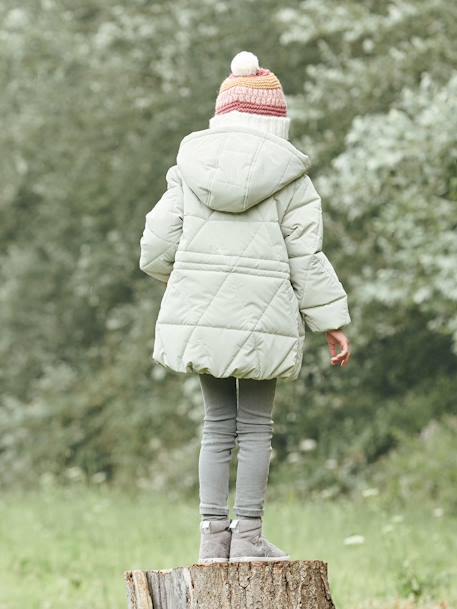 Chaqueta acolchada larga con capucha y forro de sherpa, niña AZUL OSCURO ESTAMPADO+VERDE MEDIO LISO 