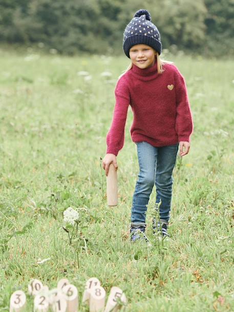 Conjunto de gorro + snood + manoplas Corazones, niña AZUL OSCURO ESTAMPADO+ROSA CLARO LISO CON MOTIVOS 