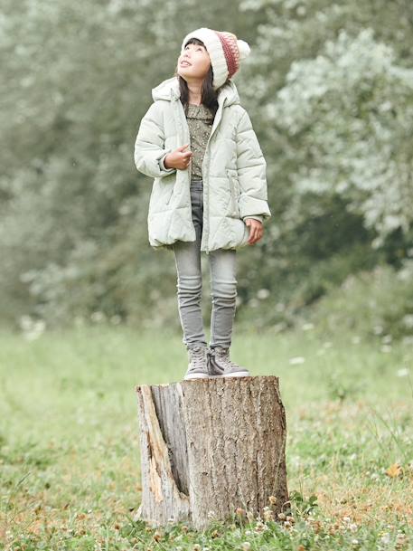 Chaqueta acolchada larga con capucha y forro de sherpa, niña AZUL OSCURO ESTAMPADO+VERDE MEDIO LISO 