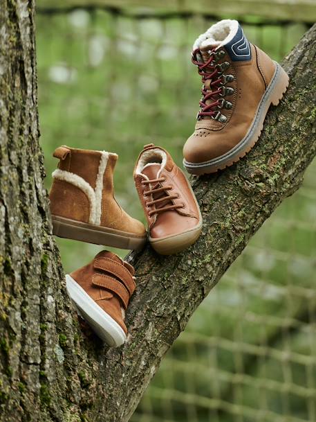 Botines forrados con cordones de piel ligera especial gateo, bebé MARRON MEDIO LISO 