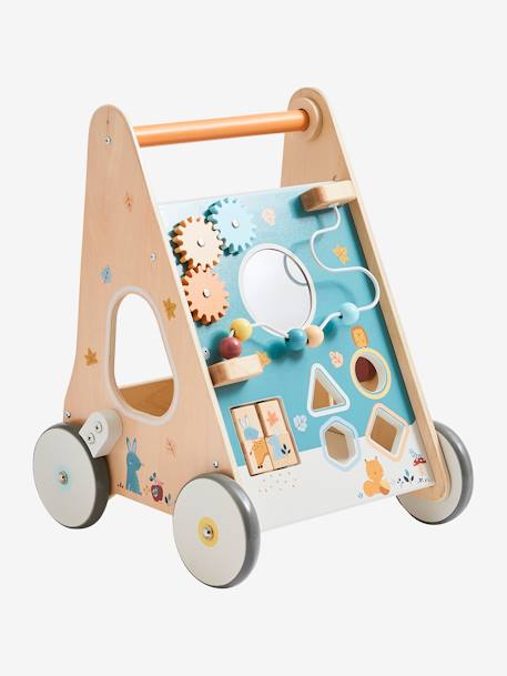 Carrito andador con frenos de madera FSC® BLANCO MEDIO LISO CON MOTIVOS+madera+rosa 