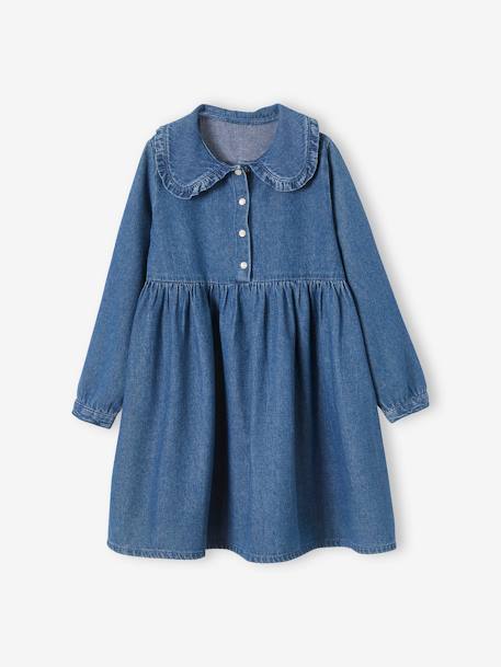 Vestido con cuello Peter Pan de denim, niña AZUL OSCURO LISO 