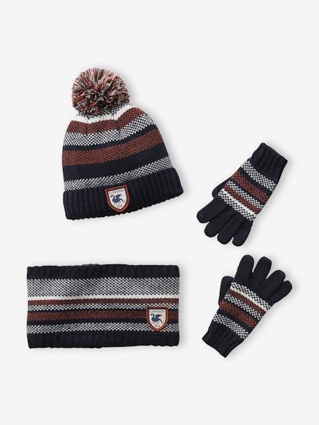 Conjunto de gorro + snood + manoplas a rayas, niño AZUL OSCURO BICOLOR/MULTICOLOR 