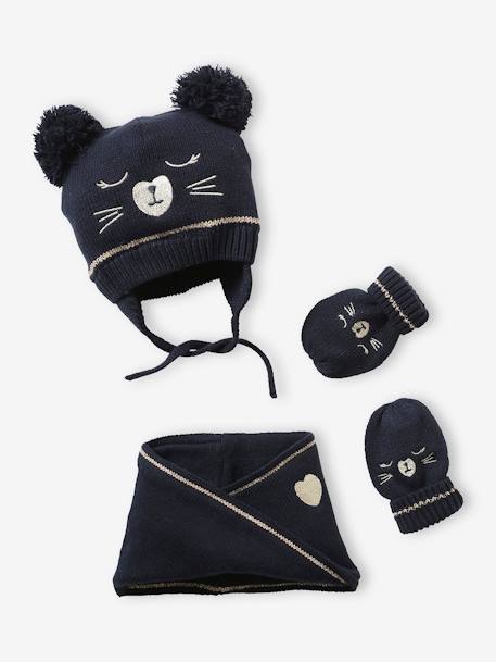 Bebé-Conjunto de punto jacquard gorro + snood + manoplas, bebé niña