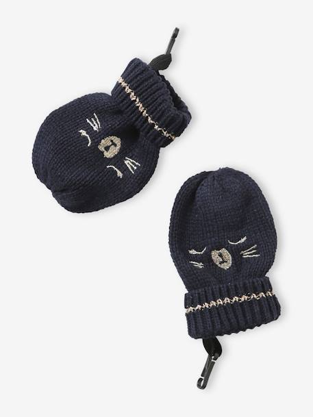 Conjunto de punto jacquard gorro + snood + manoplas, bebé niña AZUL OSCURO LISO CON MOTIVOS 