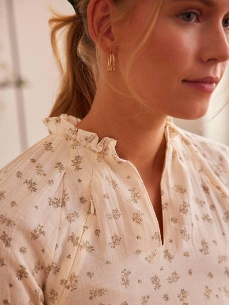 Blusa de gasa de algodón estampado para embarazo y lactancia BLANCO CLARO LISO CON MOTIVOS 