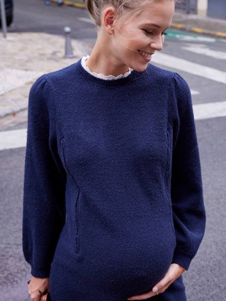 Vestido jersey con cuello de bordado inglés, para embarazo y lactancia AZUL OSCURO LISO 