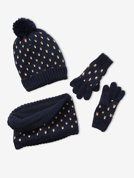 Conjunto de gorro + snood + manoplas Corazones, niña AZUL OSCURO ESTAMPADO+ROSA CLARO LISO CON MOTIVOS 