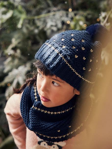 Conjunto de gorro + snood + manoplas Corazones, niña AZUL OSCURO ESTAMPADO 