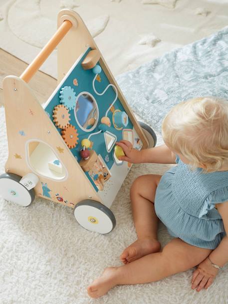 Carrito andador con frenos de madera FSC® BLANCO MEDIO LISO CON MOTIVOS+madera+rosa 