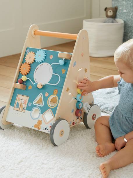 Carrito andador con frenos de madera FSC® BLANCO MEDIO LISO CON MOTIVOS+madera+rosa 