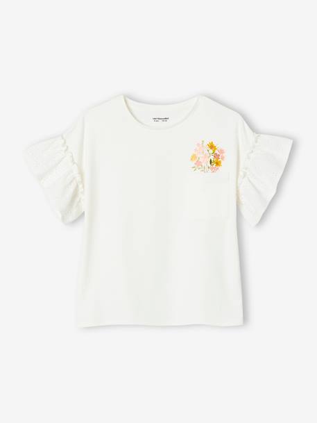 Camiseta con mangas con volantes de bordado inglés, para niña crudo+melocotón 