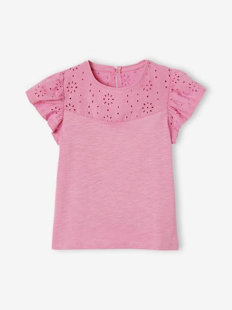 Camiseta para niña con bordado inglés y mangas con volantes AZUL MEDIO LISO+Blanco claro liso+coral+fucsia+malva 