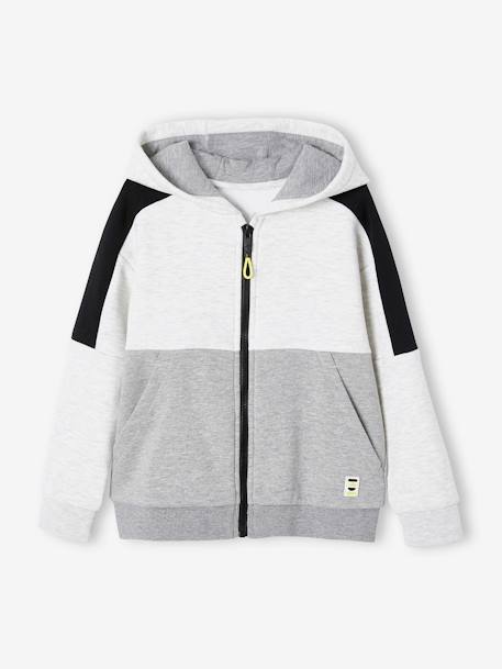 Sudadera deportiva con cremallera y capucha efecto colorblock niño burdeos+gris jaspeado+ocre+verde pino 