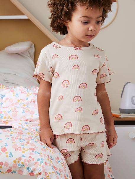 Pack de 2 pijamas con short de punto de canalé con estampados para niña rosa maquillaje 