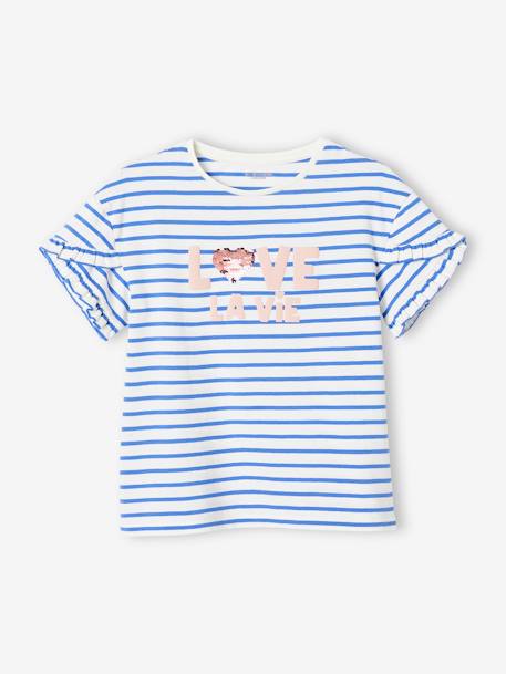 Camiseta a rayas con corazón y lentejuelas, para niña azul marino+BLANCO MEDIO A RAYAS+rayas azul 