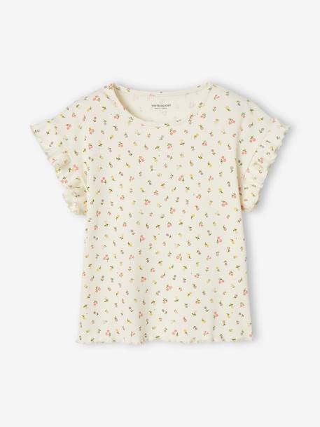 Camiseta de canalé con estampado de flores para niña crudo+tinta 