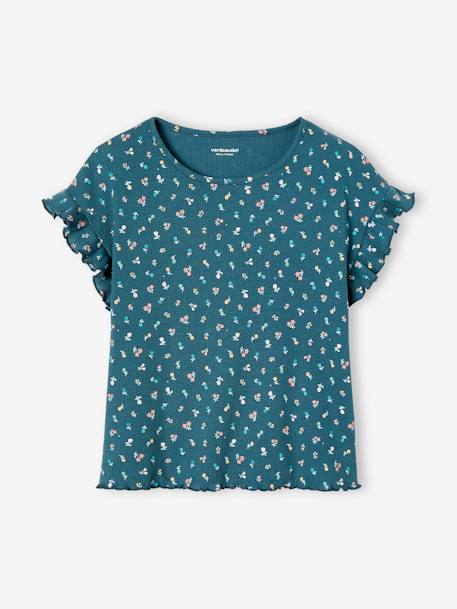 Camiseta de canalé con estampado de flores para niña crudo+tinta 