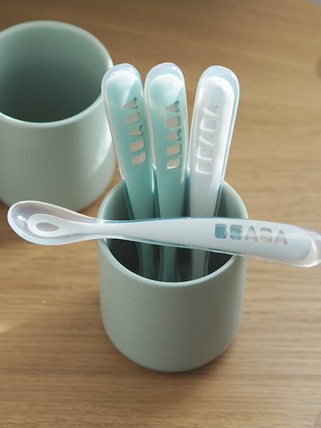 4 Cucharas para bebé 1ª edad BEABA Soft sin BPA AZUL CLARO LISO CON MOTIVOS+Azul/gris/ocre+verde sauce 