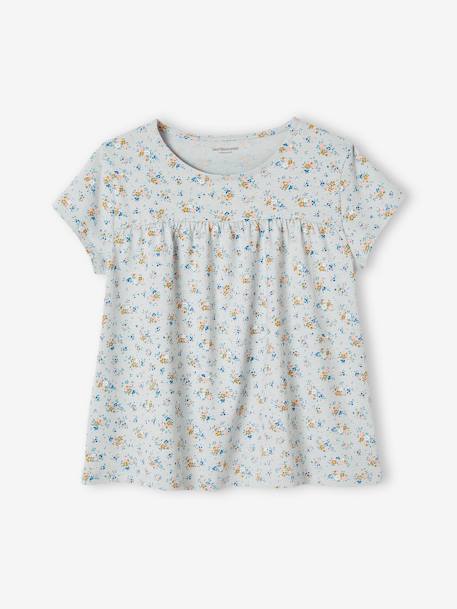 Camiseta estilo blusa con flores, para niña azul claro+crudo 