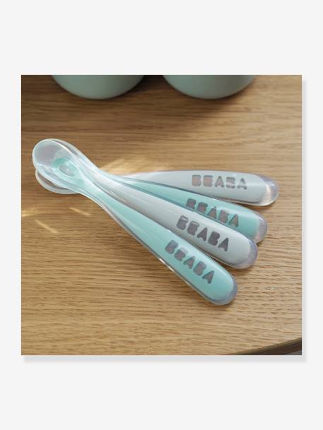 4 Cucharas para bebé 1ª edad BEABA Soft sin BPA AZUL CLARO LISO CON MOTIVOS+verde sauce 