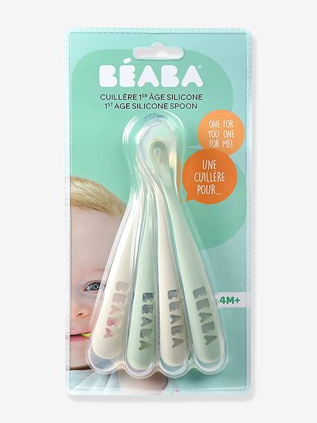 4 Cucharas para bebé 1ª edad BEABA Soft sin BPA AZUL CLARO LISO CON MOTIVOS+verde sauce 